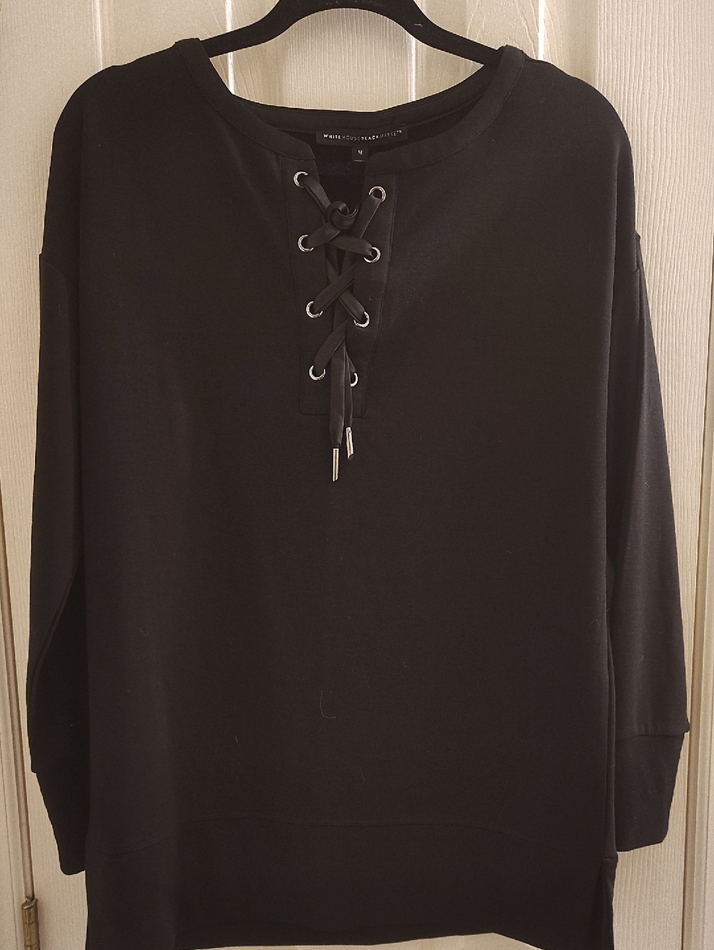 White House Black Market Black Satin-Trim Lace-Up Top